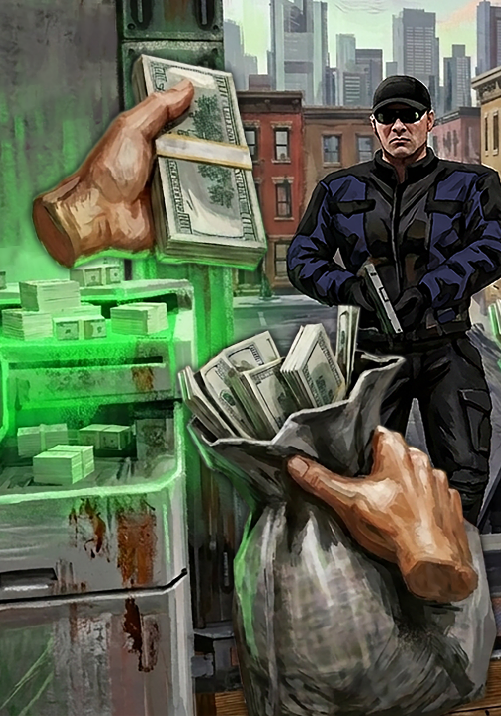 Portrait key art without lettering: hands pull cash from the printer as an armed officer approaches