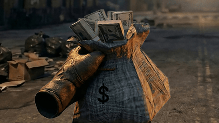 Close-up of a cash-stuffed duffel bag carried low over the pavement